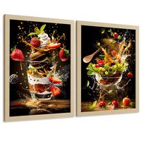POSTER 2er Set Küchen-Wandbilder Erdbeer-Dessert und Salat Splash Fotografie Schwarzer Hintergrund Deko Rahmenlos A4 - Klar, Papier (29.7/1/21cm) - Nacnic