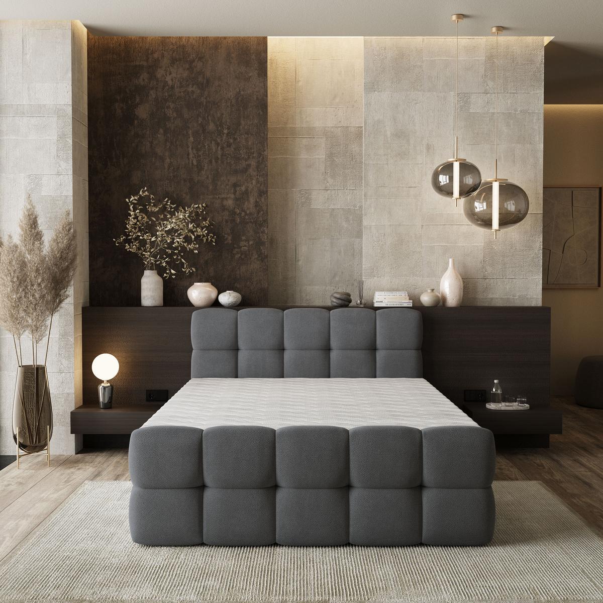 BOXBETT BRUME 200x200 cm mit Matratze und Topper, H2+H3 - Graphitfarben - Graphitfarben, Holz (200/200cm) - MASSENO