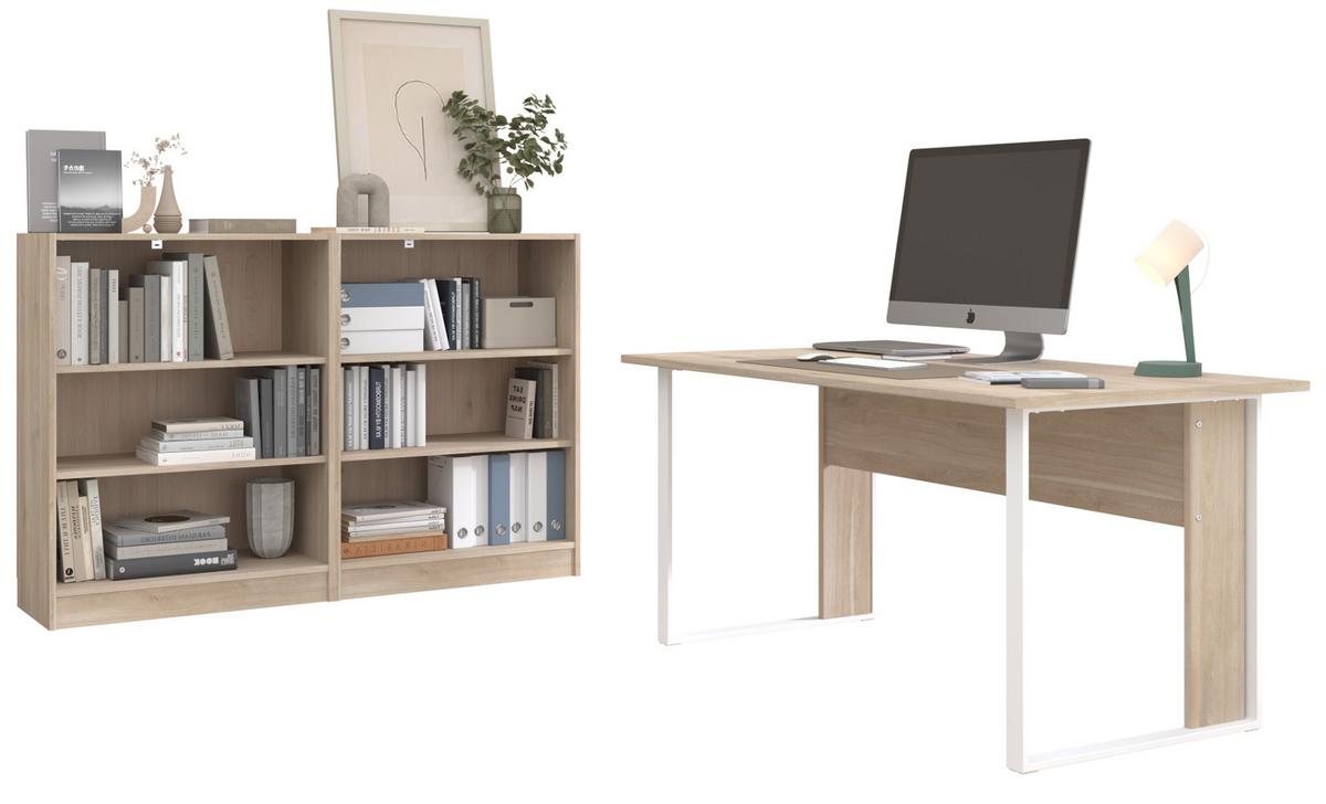 BÜROMÖBEL Set Eiche, weiß, Schreibtischkombination mit Schreibtisch und 2x Regal - Eichefarben/Weiß, Holzwerkstoff/Metall (80/150/73cm) - Parisot Meuble