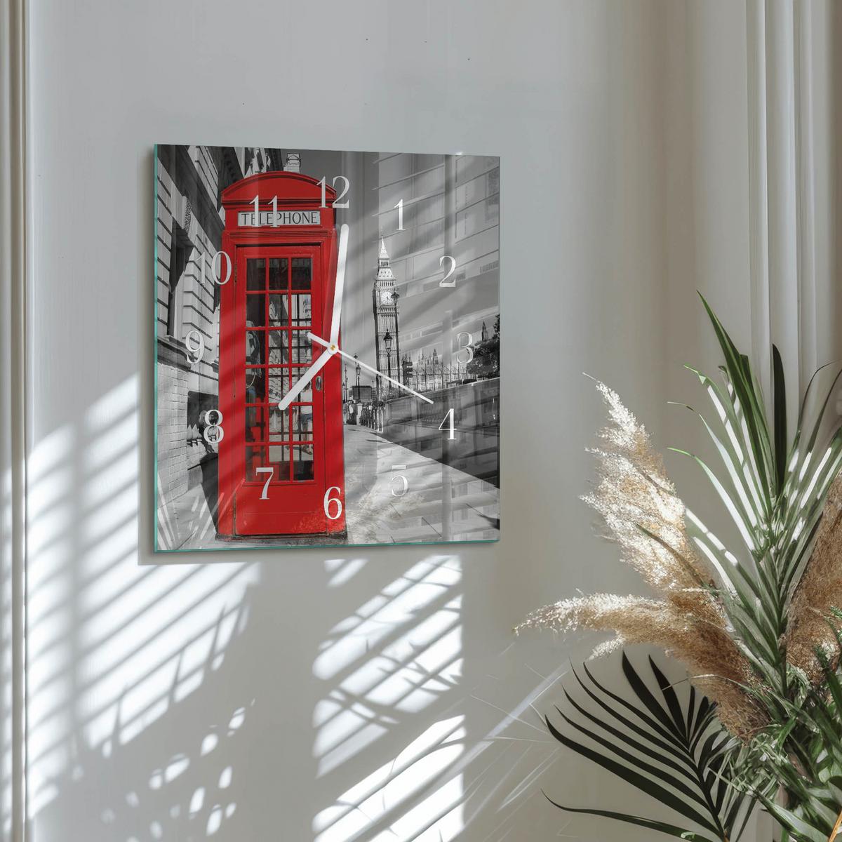 WANDUHR aus Glas 30x30 cm - Rote Telefonzelle - Rot, Glas (30/30/0.4cm) - TULUP