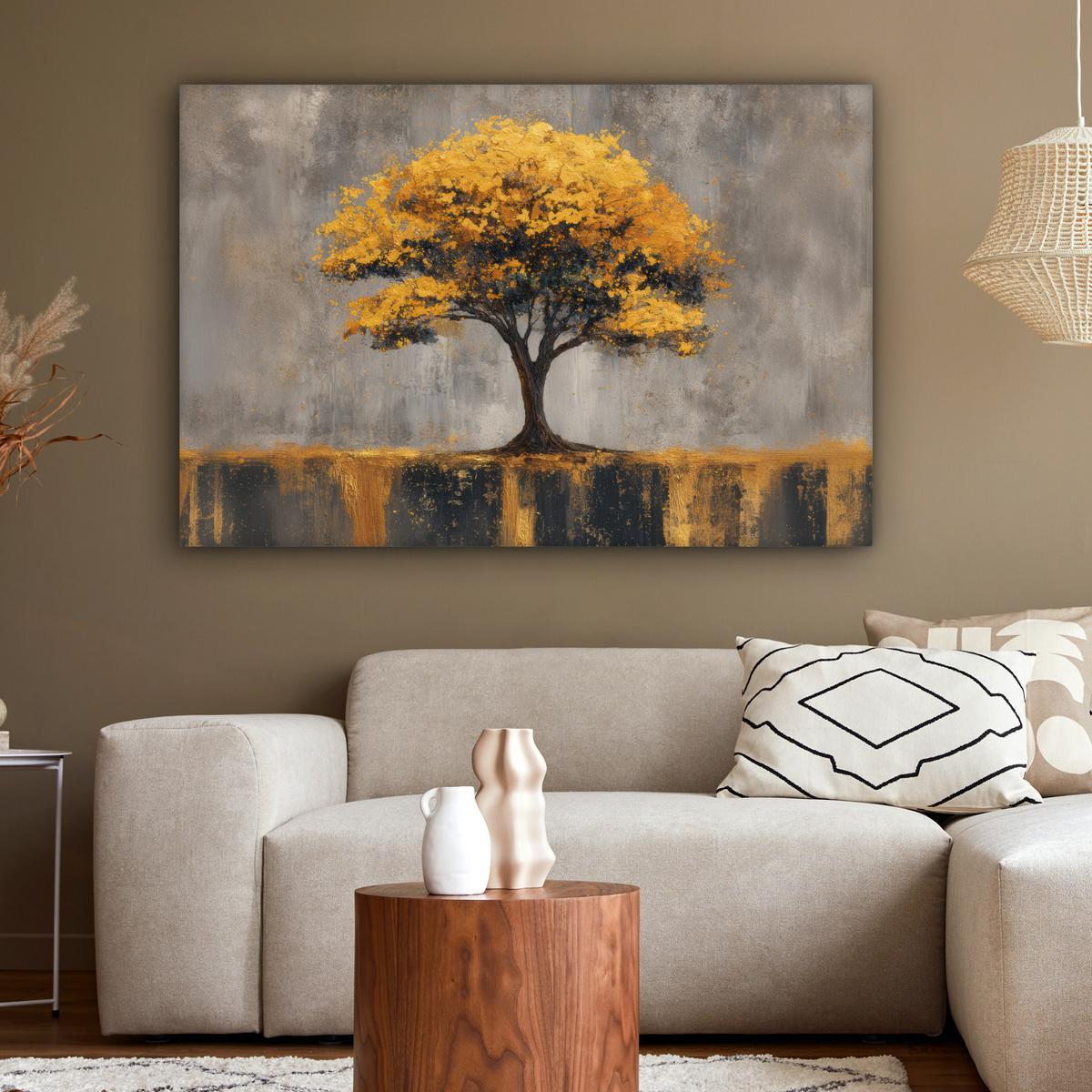 LEINWANDBILD Baum - Blätter - Gold - Abstrakt XXL 150x100 cm - Grau, Textil (150/100cm) - MuchoWow
