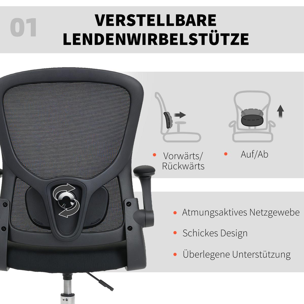 BÜROSTUHL mit Hochklappbar Armlehne Verstellbarer Fußring und 4D-Lendenstütze - Schwarz, Kunststoff/Textil (60/132/60cm) - HOMCOM