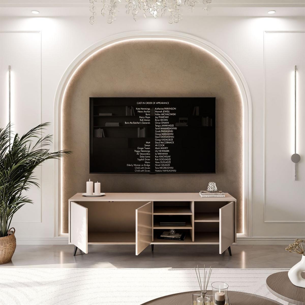TV-SCHRANK SANAYI Kaschmir Hochglanz – schräge schwarze Beine - Kaschmir, Holzwerkstoff (156/54/38cm) - Lookway