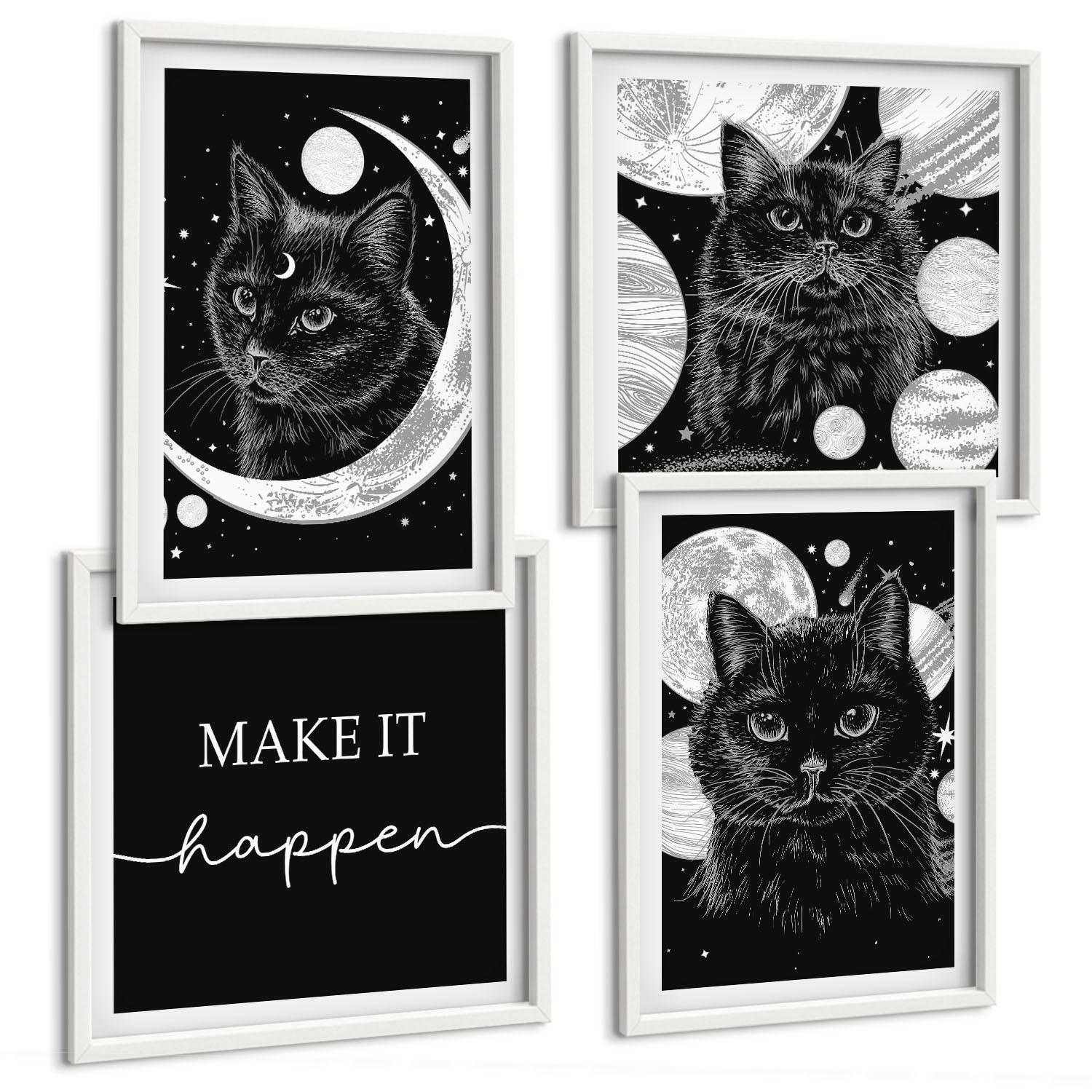 BILDER SET 4er Set - 50x50 cm & 40x60 cm Weißer Rahmen - Schwarze Katzen, Mond, Planet - Weiß, Kunststoff (50/50cm) - TULUP