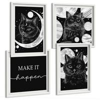 BILDER SET 4er Set - 50x50 cm & 40x60 cm Weißer Rahmen - Schwarze Katzen, Mond, Planet - Weiß, Kunststoff (50/50cm) - TULUP
