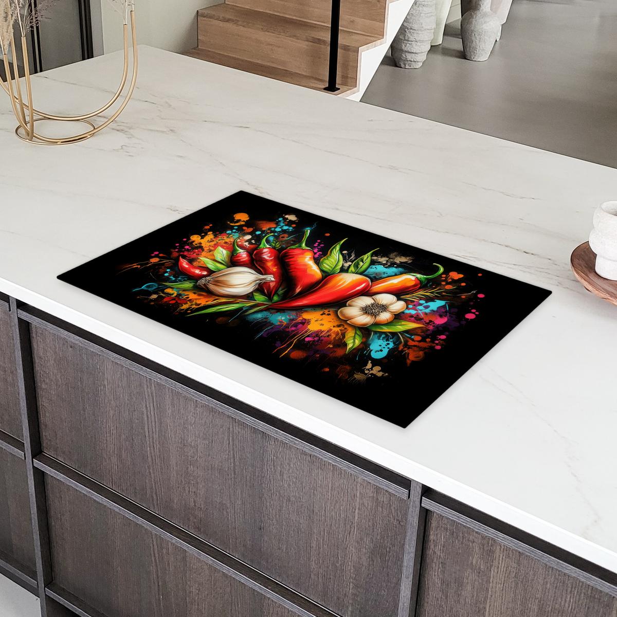 HERDABDECKPLATTE Gemüse - Paprika - Knoblauch - Graffiti - Farbe - Bunt Induktionsmatte 83x51 cm - Rot, Kunststoff (83/51.5/0.2cm) - MuchoWow