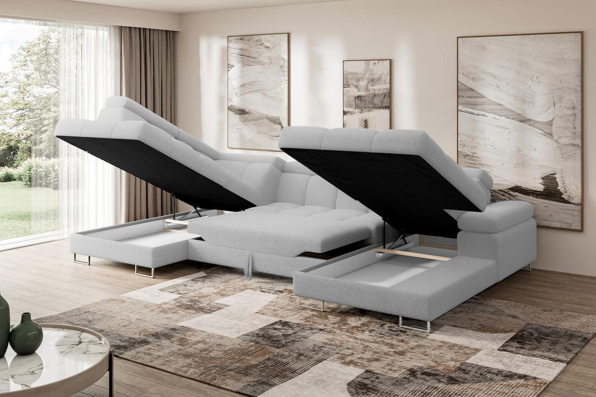 WOHNLANDSCHAFT mit Schlaffunktion und Bettkasten Ottomane Links COMA U 345x203x79 Hellgrau Bouclé - Edelstahlfarben, Holzwerkstoff/Textil (345/79/203cm) - ALTDECOR