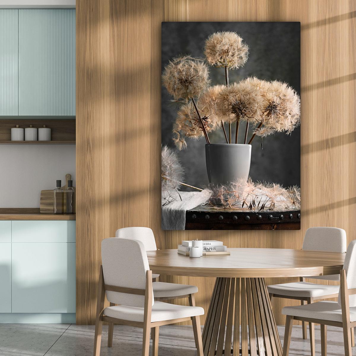 LEINWANDBILD Blumensamen - Löwenzahn - Vase - Stilleben - Blumenstrauß Deko XXL 80x120 cm - Dunkelgrau, Textil (80/120cm) - MuchoWow