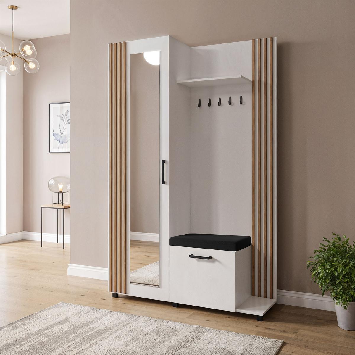 GARDEROBE Linaro mit Spiegel, Sitzbank in Lamellen-Optik 137/207/42 cm, Rechts - Schwarz/Weiß, Holzwerkstoff (137/207/42cm) - WFL GROUP
