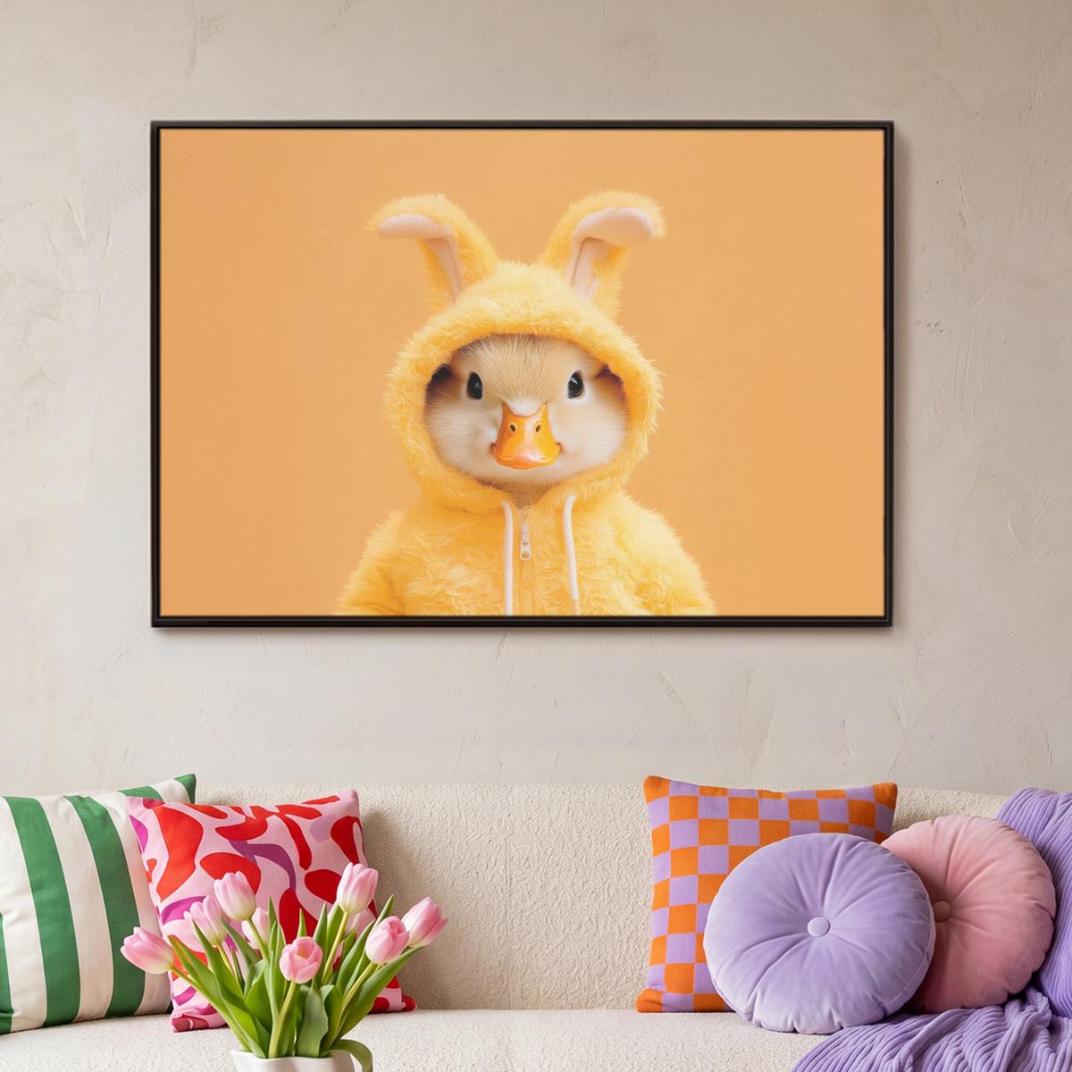 LEINWAND Bilder mit Rahmen - Osterhase - Kostüm - Ente - 90x60 - Gelb, Textil (90/60cm) - MuchoWow