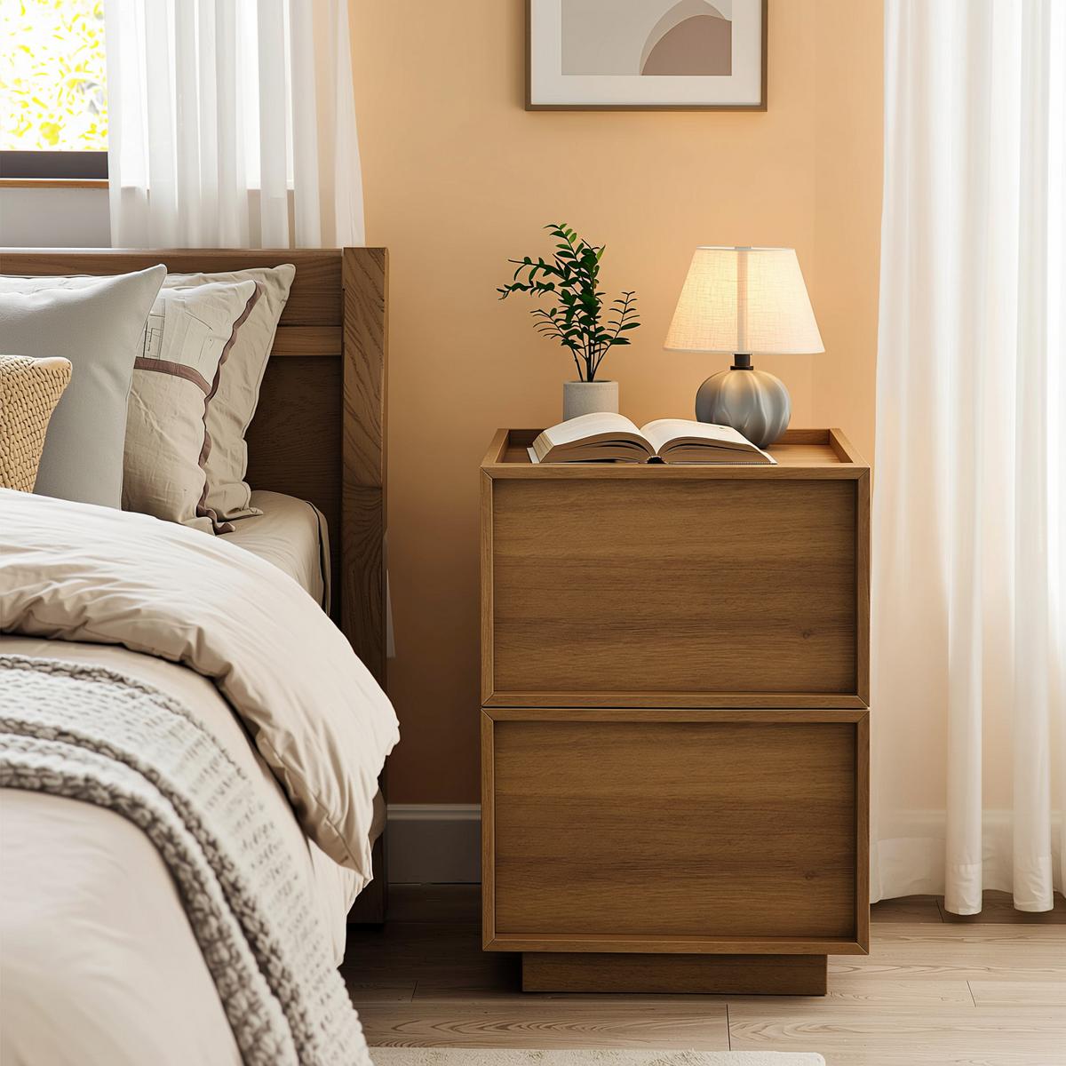 NACHTTISCH 38 cm Eiche – Nachtkommode mit 2 Schubladen & Kippsicherung - Eichefarben, Holzwerkstoff (38/50/48cm) - Urban Meuble