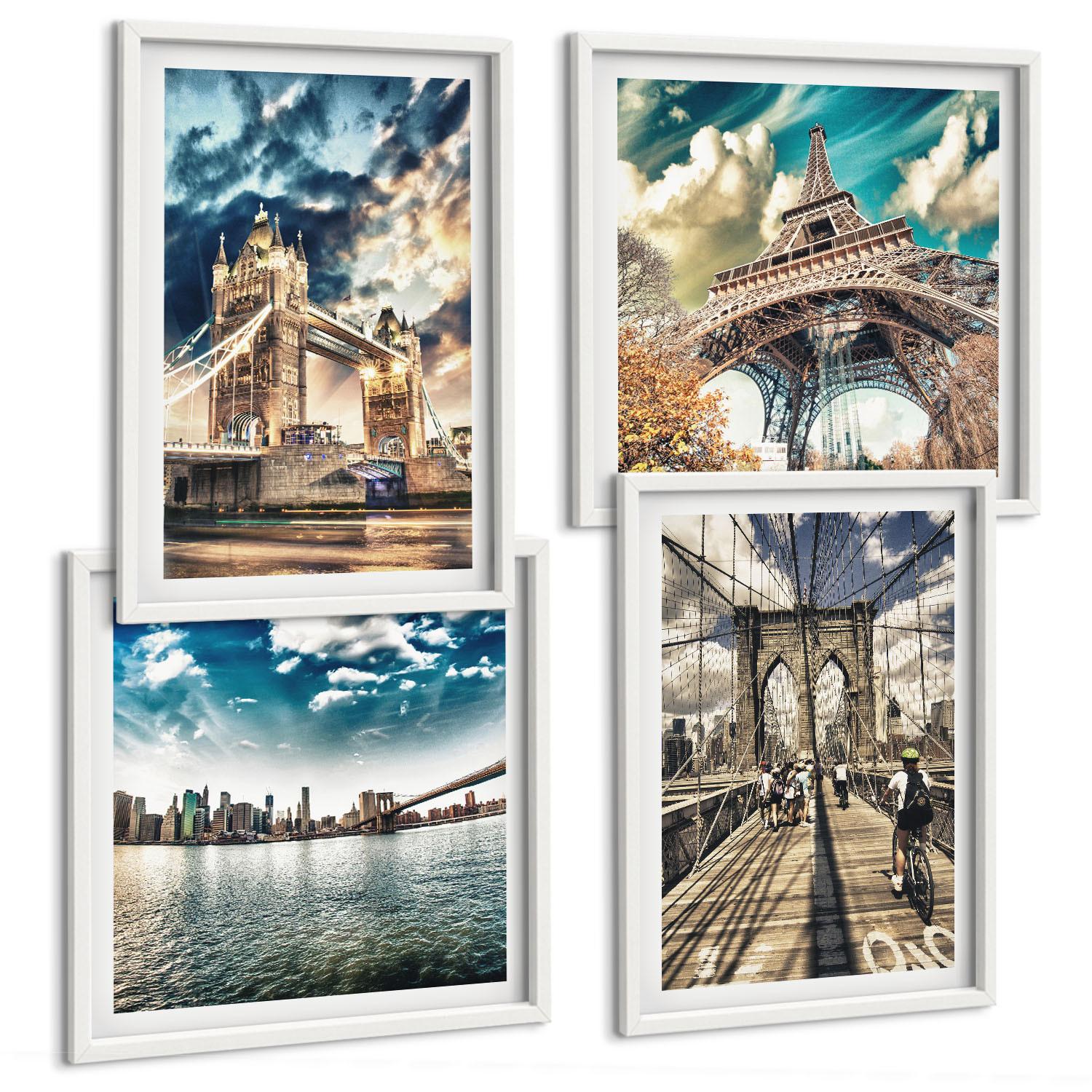 BILDER SET 4er Set - 50x50 cm & 40x60 cm Weißer Rahmen - Turmbrücken in europäischen Städten - Weiß, Kunststoff (50/50cm) - TULUP