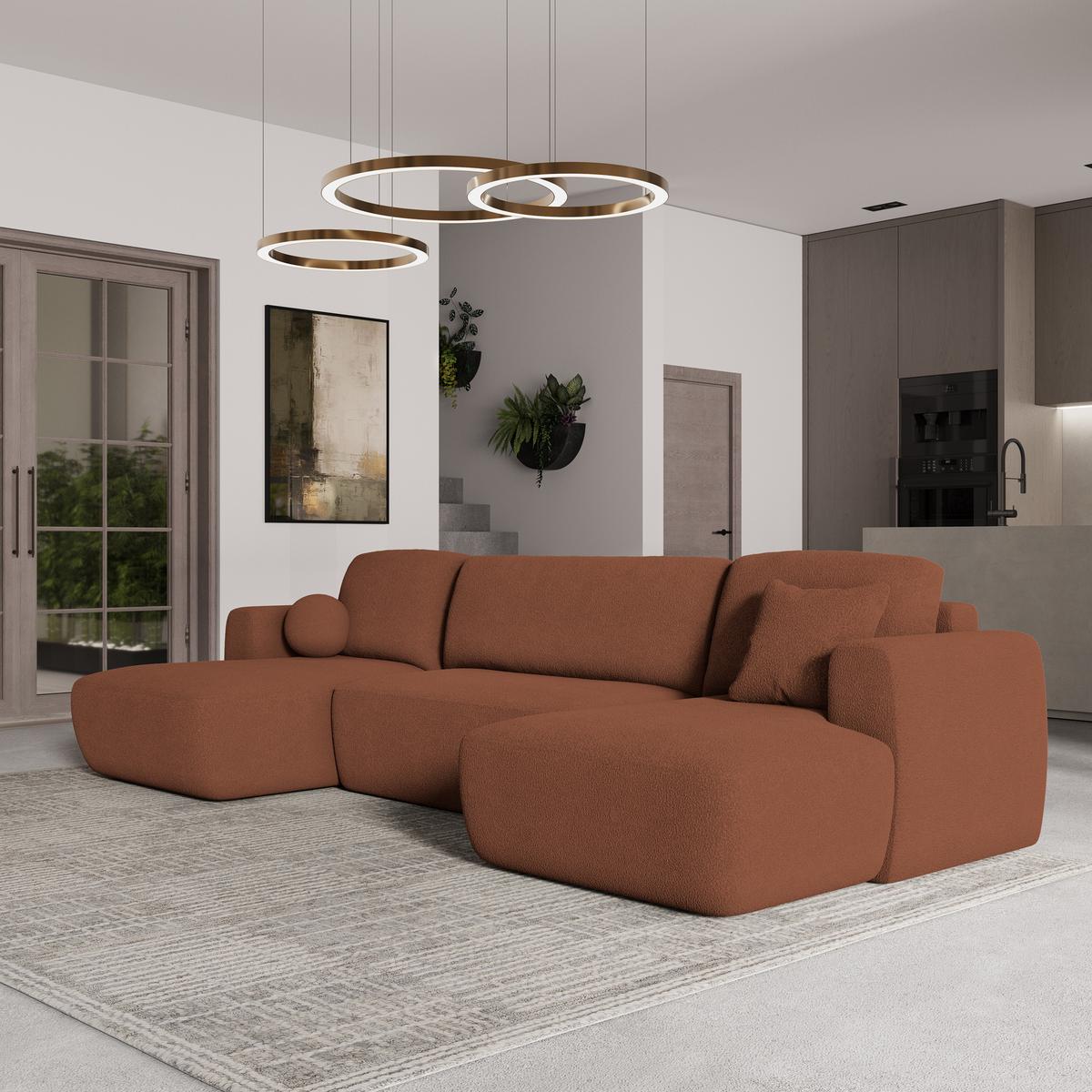 WOHNLANDSCHAFT SENTUM N Orange Boucle-Stoff mit Schlaffunktion - Schwarz/Orange, Holz/Kunststoff (330/90/148cm) - MASSENO