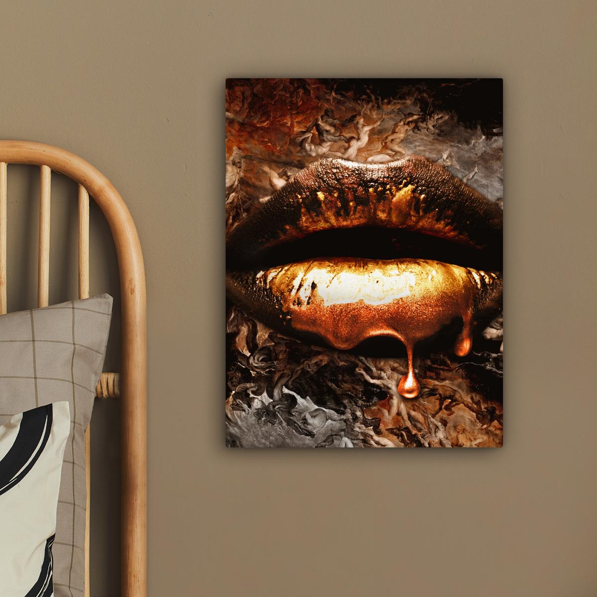LEINWANDBILD Gold - Lippen - Kunst - Gold - Luxus - Abstrakt Room Decor 30x40 cm - Kupferfarben, Textil (30/40cm) - MuchoWow