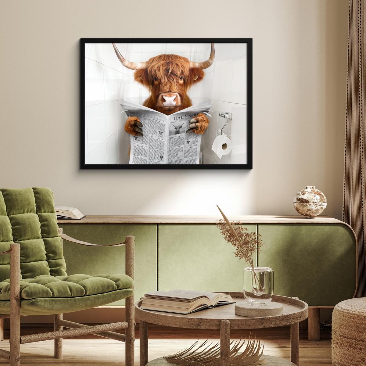 POSTER MIT RAHMENGERAHMTES BILD Schottischer Highlander - Tier - Zeitung - Toilette 80x60 cm - Kastanienfarben, Papier (80/60cm) - MuchoWow