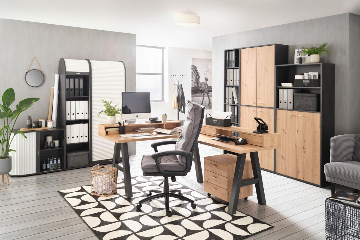 Masa de scris Mister office - culoare lemn stejar/negru, Modern, material pe bază de lemn (160/75/70cm) - Modern Living