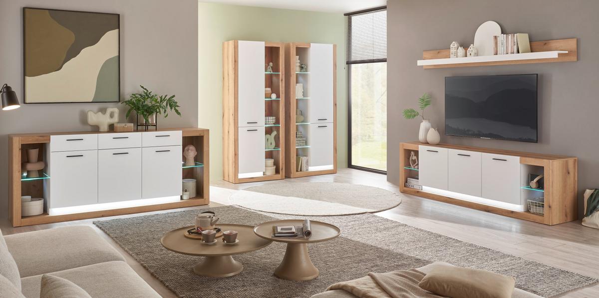 SIDEBOARD weiß matt, Evoke Eiche, Kommode 198 x 83 cm - Eichefarben/Silberfarben, Glas/Holzwerkstoff (198/83/43cm) - Furn.Design