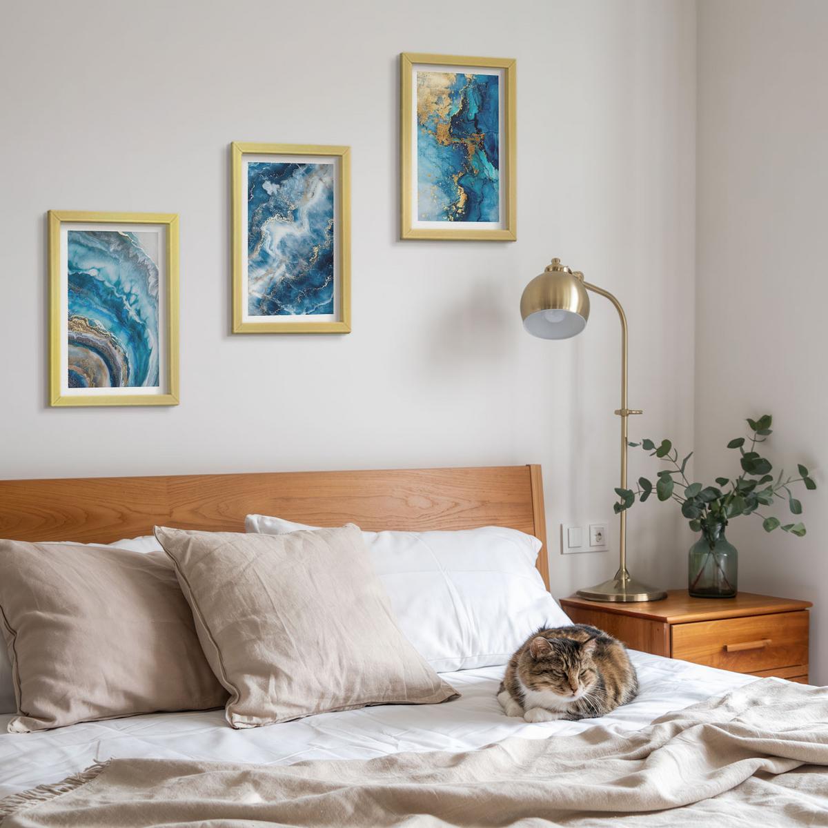 BILDER SET 3er Set - 20x30 cm Goldrahmen - Blaue abstrakte Muster - Goldfarben, Kunststoff (20/30cm) - TULUP