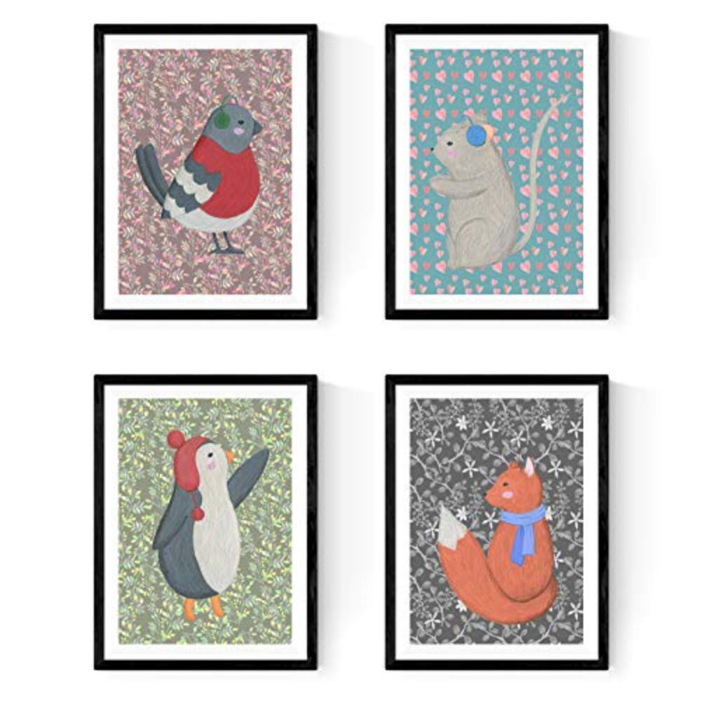 POSTER Set mit 4 süße Tiere A4 Schwarzer Rahmen - Schwarz, Papier (29.7/3cm) - Nacnic