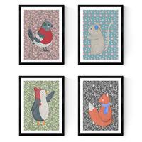 POSTER Set mit 4 süße Tiere A4 Schwarzer Rahmen - Schwarz, Papier (29.7/3cm) - Nacnic