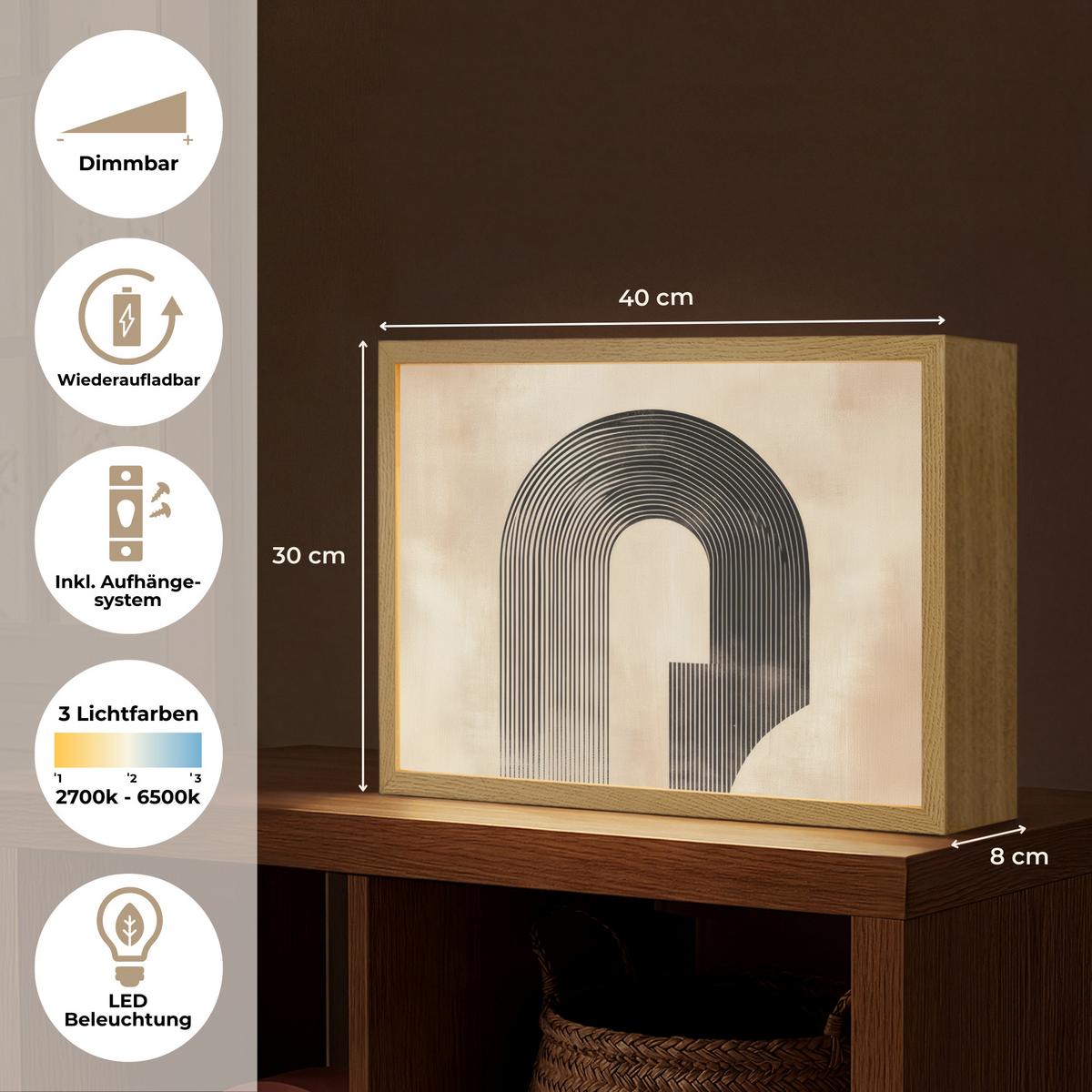 WANDLEUCHTE MIT AKKU Schleife - Streifen - Minimalistisch - Schwarz 40x30 cm - Beige, Holzwerkstoff (40/30/8cm) - OnlyWow