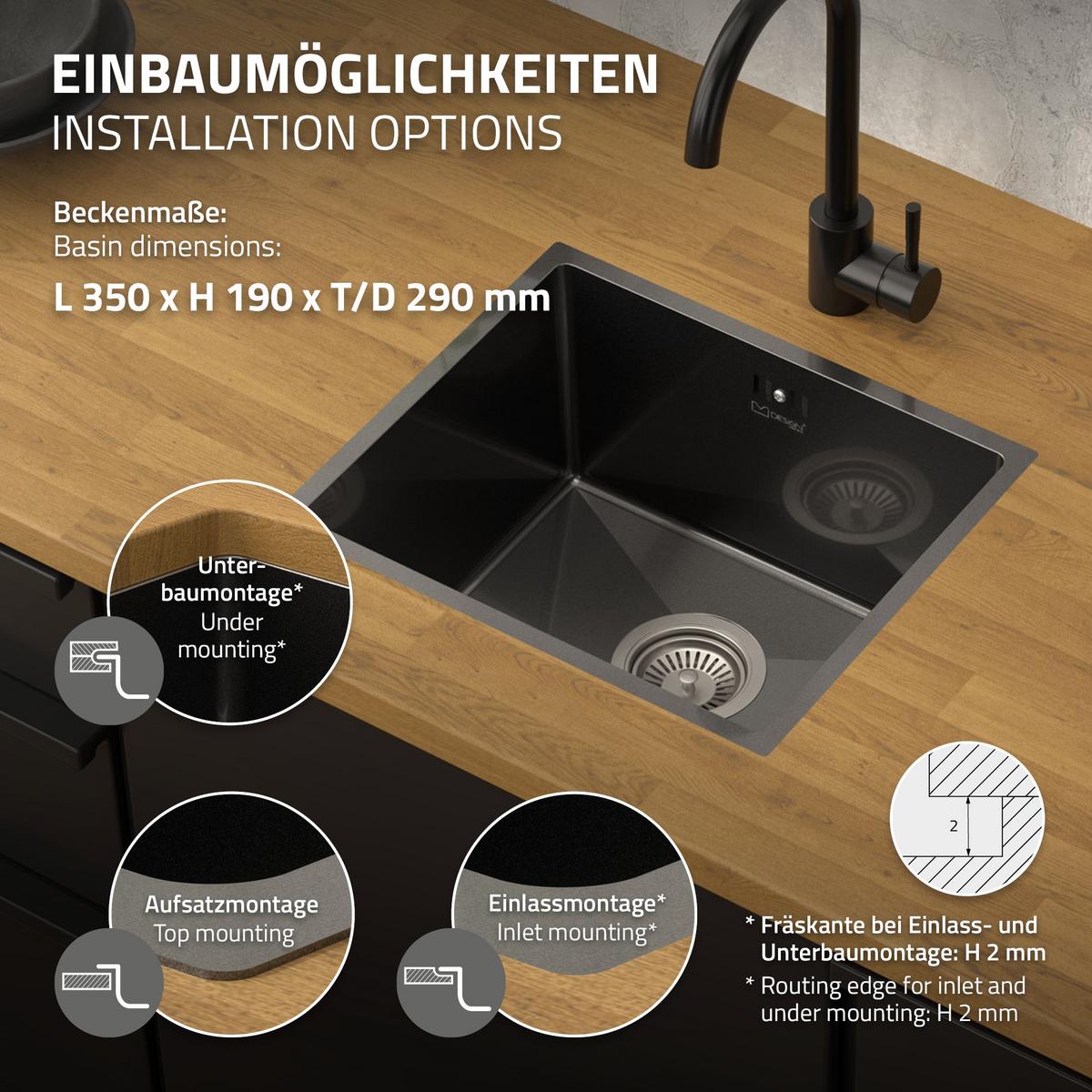 SPÜLBECKEN aus Edelstahl 34x40 cm Anthrazit mit Siphon - Anthrazit, Metall (40/20/34cm) - ML-DESIGN