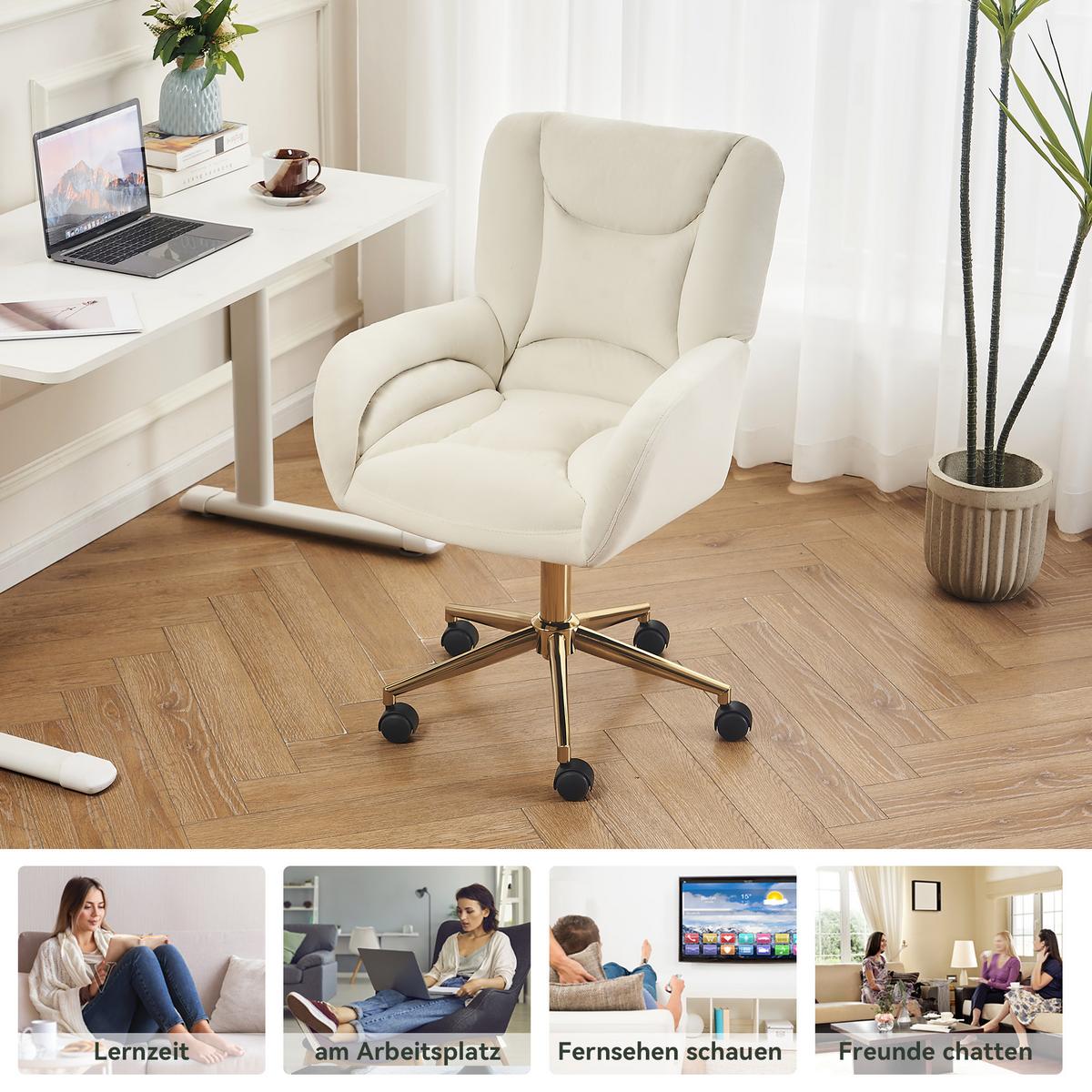 BÜROSTUHL Samt Höhenverstellbar Goldene Beine - Creme, Textil (64/92.5/62cm) - Urban Meuble