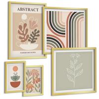 BILDER SET 5er Set - 50x50 cm & 20x30 cm & 40x60 cm Goldrahmen - Abstrakte Pastellpflanzen - Goldfarben, Kunststoff (40/60cm) - TULUP