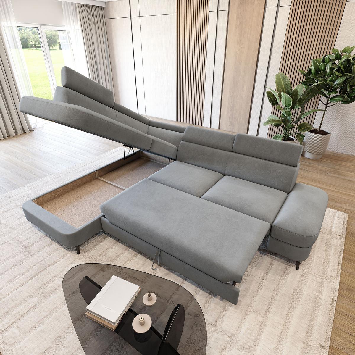 ECKSOFA AVISE MV L-S Grau Velours-Stoff mit Schlaffunktion - Grau, Holzwerkstoff/Textil (268/195cm) - MASSENO