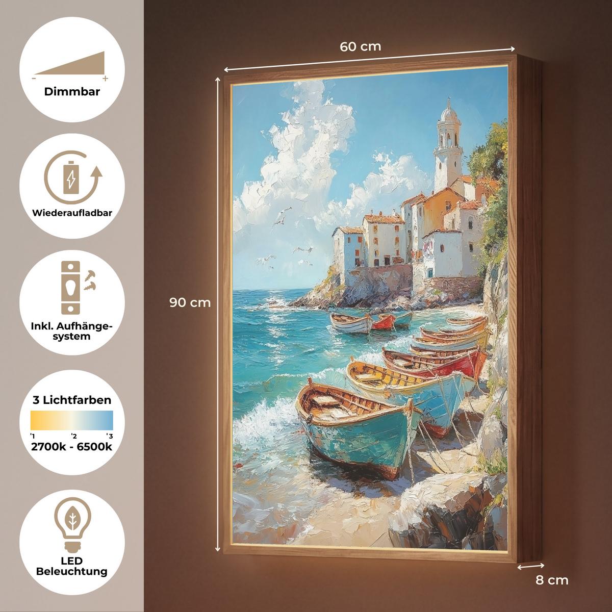 WANDLEUCHTE MIT AKKU Boote - Felsen - Meer - Sonne 60x90 cm - Blau, Holzwerkstoff (60/90/8cm) - OnlyWow