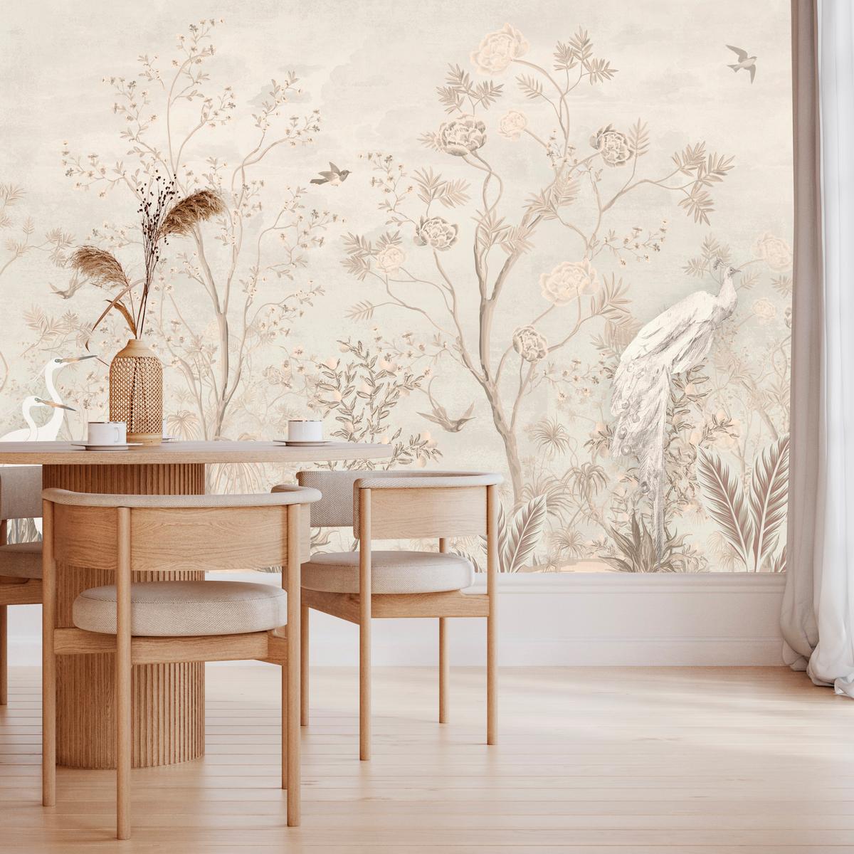 FOTOTAPETE für Esszimmer Weiße Vögel Bäumen Natur Kräne Blumen 200x140 - Beige, Papier (200/140cm) - Muralo