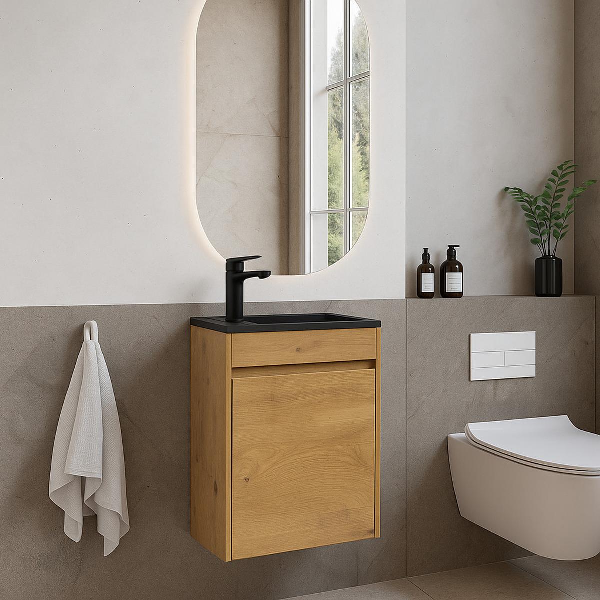 GÄSTE-WC-MÖBELSET Sinta 2 Teile Eiche - Schwarze Waschbecken - 40 x 22 x 54 cm - Eichefarben/Schwarz, Holz (40/54/22cm) - Badplaats