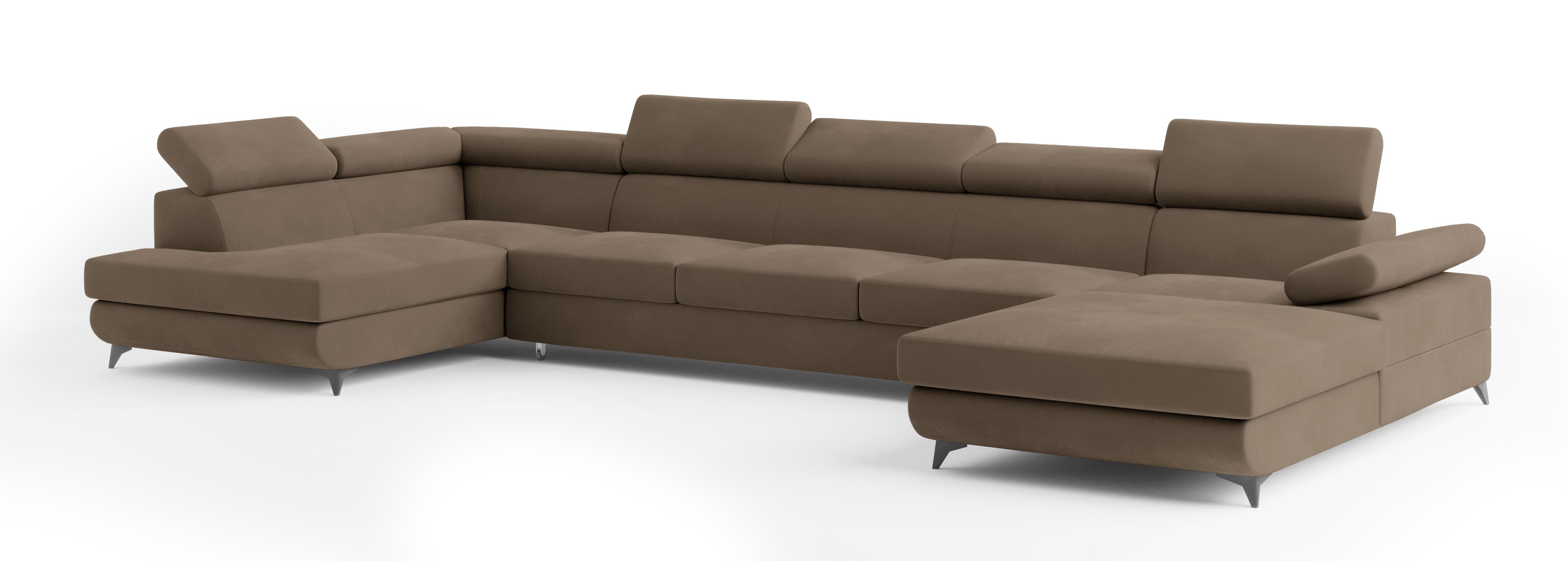 WOHNLANDSCHAFT MONTIVA Beige Velours-Stoff mit Schlaffunktion - Beige, Holz (410/89/190cm) - MASSENO