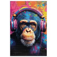 POSTER Graffiti - Schimpanse - Straßenkunst - Kopfhörer - Affe Wandbild Schlafzimmer 80x120 cm - Blau, Papier (80/120/0.1cm) - MuchoWow