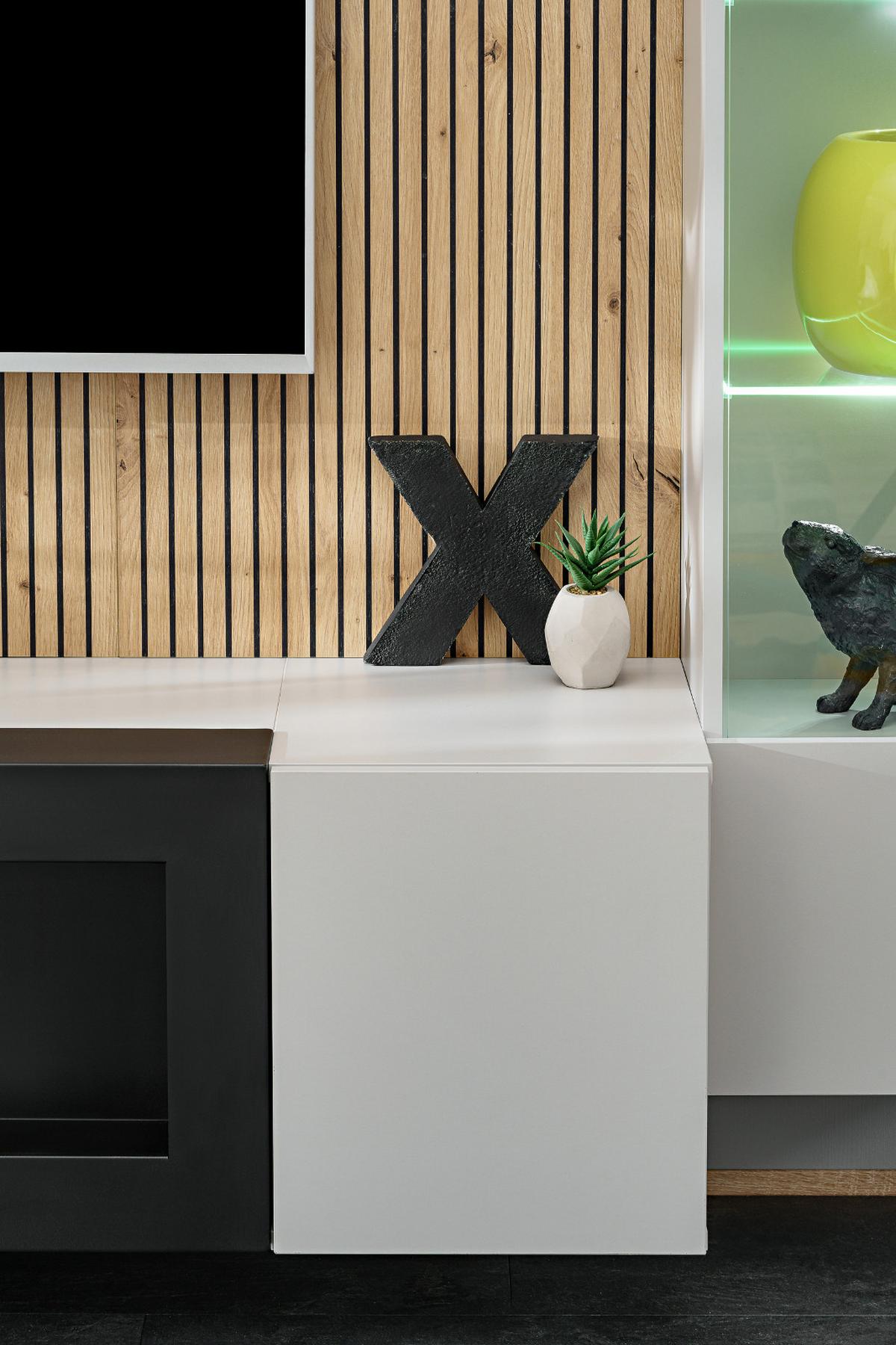 WOHNWAND hellgrau, schwarz, Eiche Artisan 200 cm, Schrankwand inklusive Ethanol Kamin und Beleuchtung - Hellgrau/Schwarz, Glas/Holzwerkstoff (200/148/35cm) - Inn.Furn