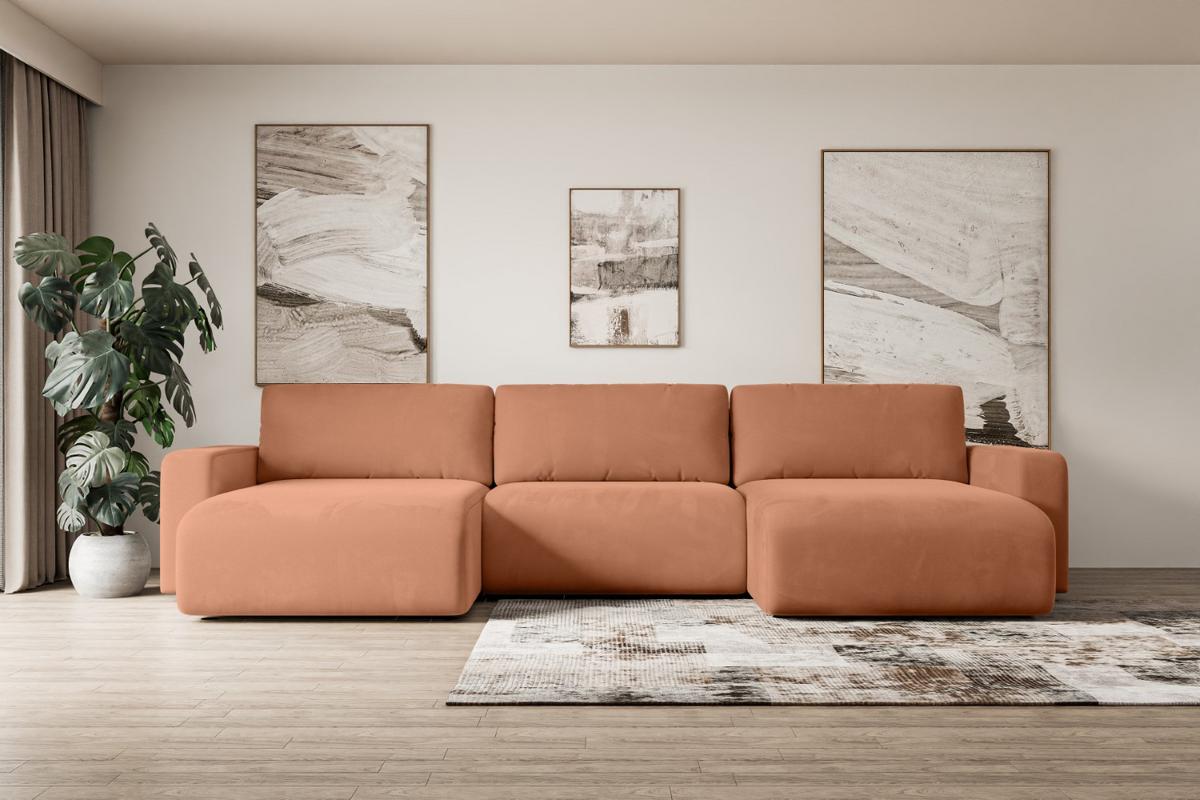 WOHNLANDSCHAFT mit Schlaffunktion und Bettkasten KLEEA-U - 347x143x83 cm Koralle Velours - Koralle/Schwarz, Holzwerkstoff/Kunststoff (347/83/143cm) - ALTDECOR