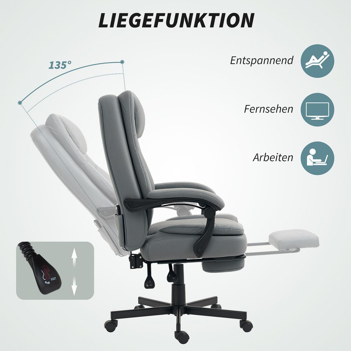BÜROSTUHL mit Massagefunktion, Ergonomischer Schreibtischstuhl mit Liegefunktion - Grau, Kunststoff (64/120/69cm) - HOMCOM