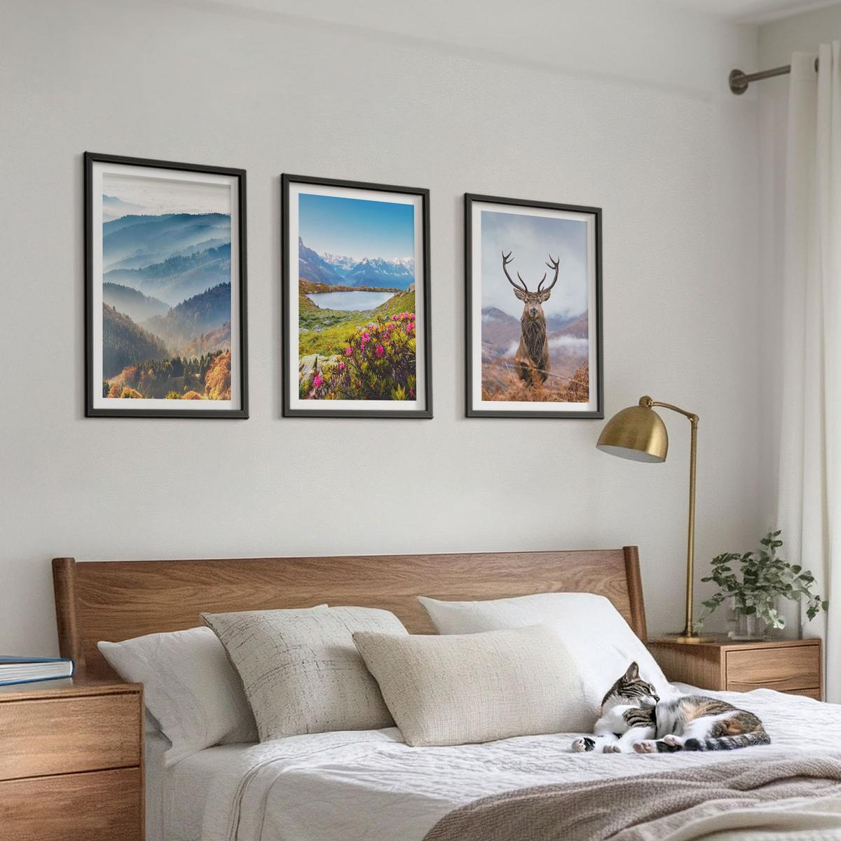 BILDER SET 3er Set - 40x60 cm Schwarzer Rahmen - Natur des Bergseehirsches - Schwarz, Kunststoff (40/60cm) - TULUP