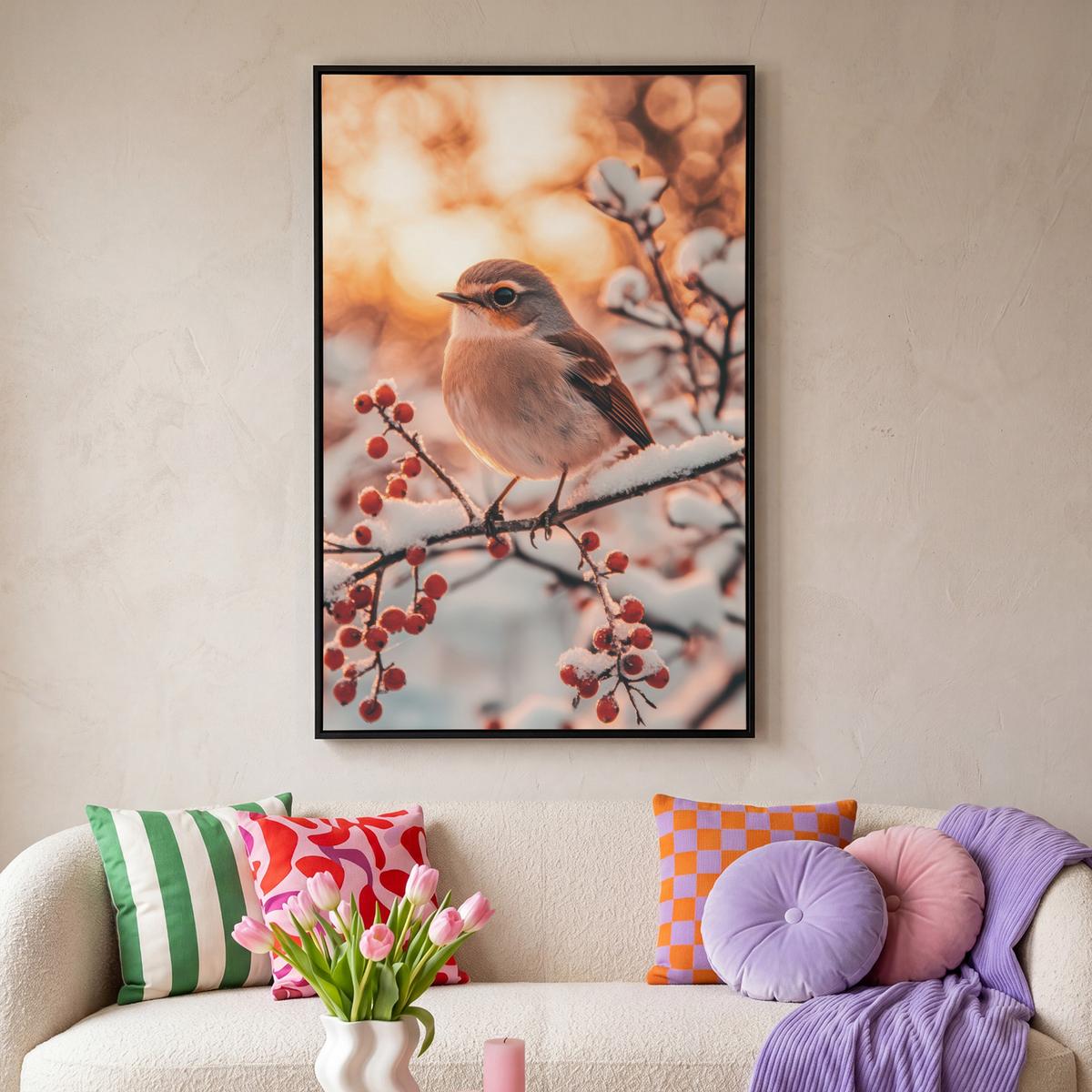 LEINWAND Bilder mit Rahmen - Vogel - Zweig - Winter - Tiere - Schnee - 80x120 - Bernsteinfarben, Textil (80/120cm) - MuchoWow