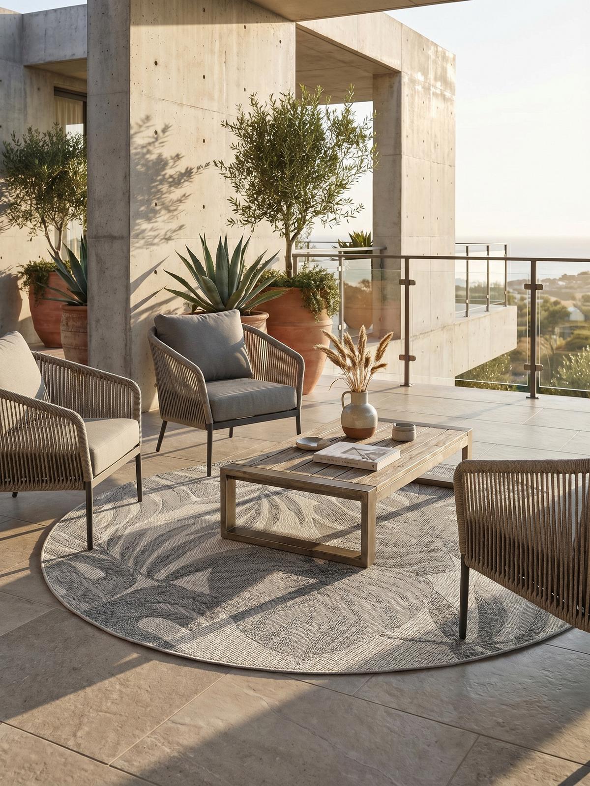 TEPPICH Outdoor VENTOUX in Grau, mit Tropen-Motiv, Ø 120 cm - Grau, Textil (120/120cm) - KADIMA DESIGN