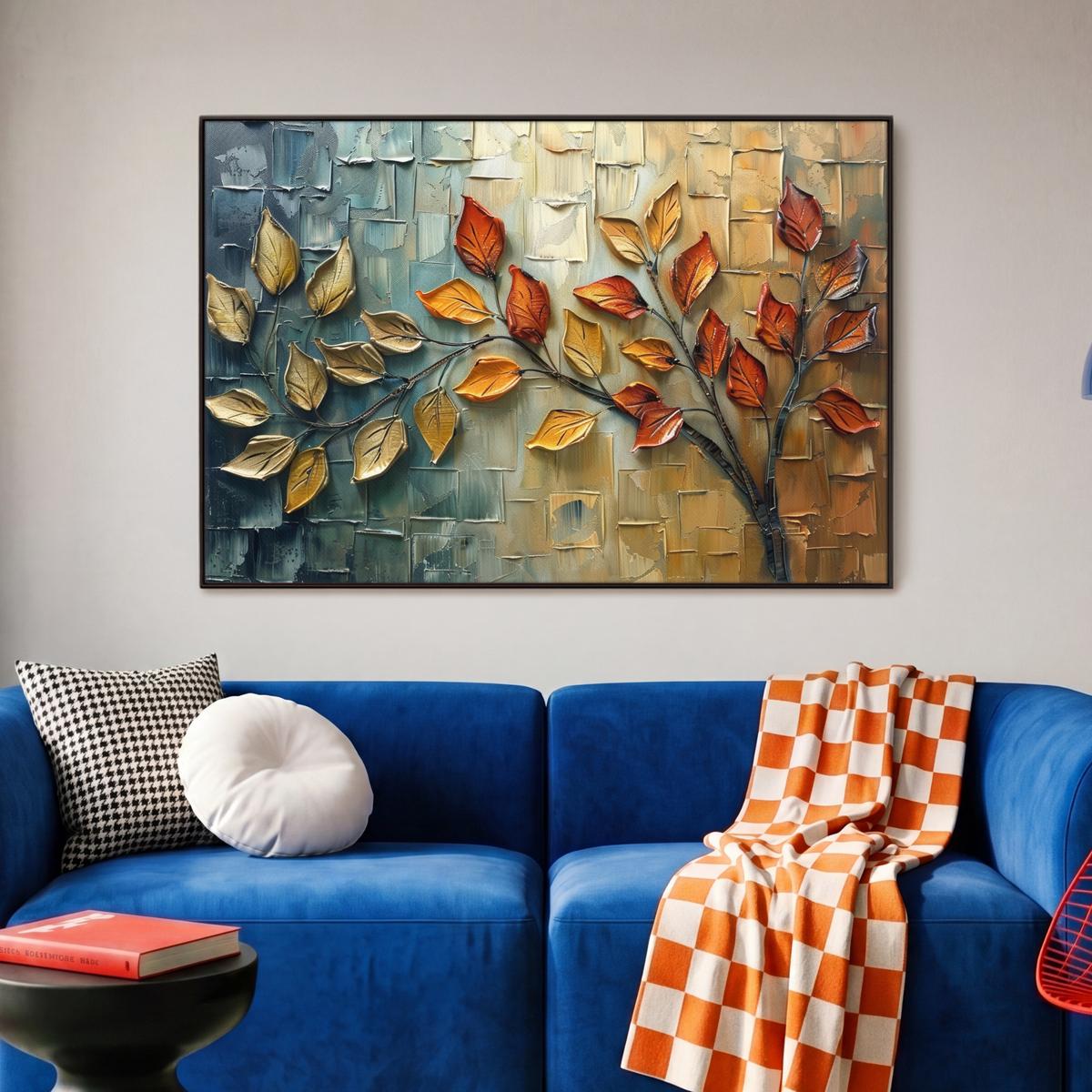 LEINWAND Bilder mit Rahmen - Baum - Abstrakt - Natur - Kunst - 90x60 - Goldfarben, Textil (90/60cm) - MuchoWow