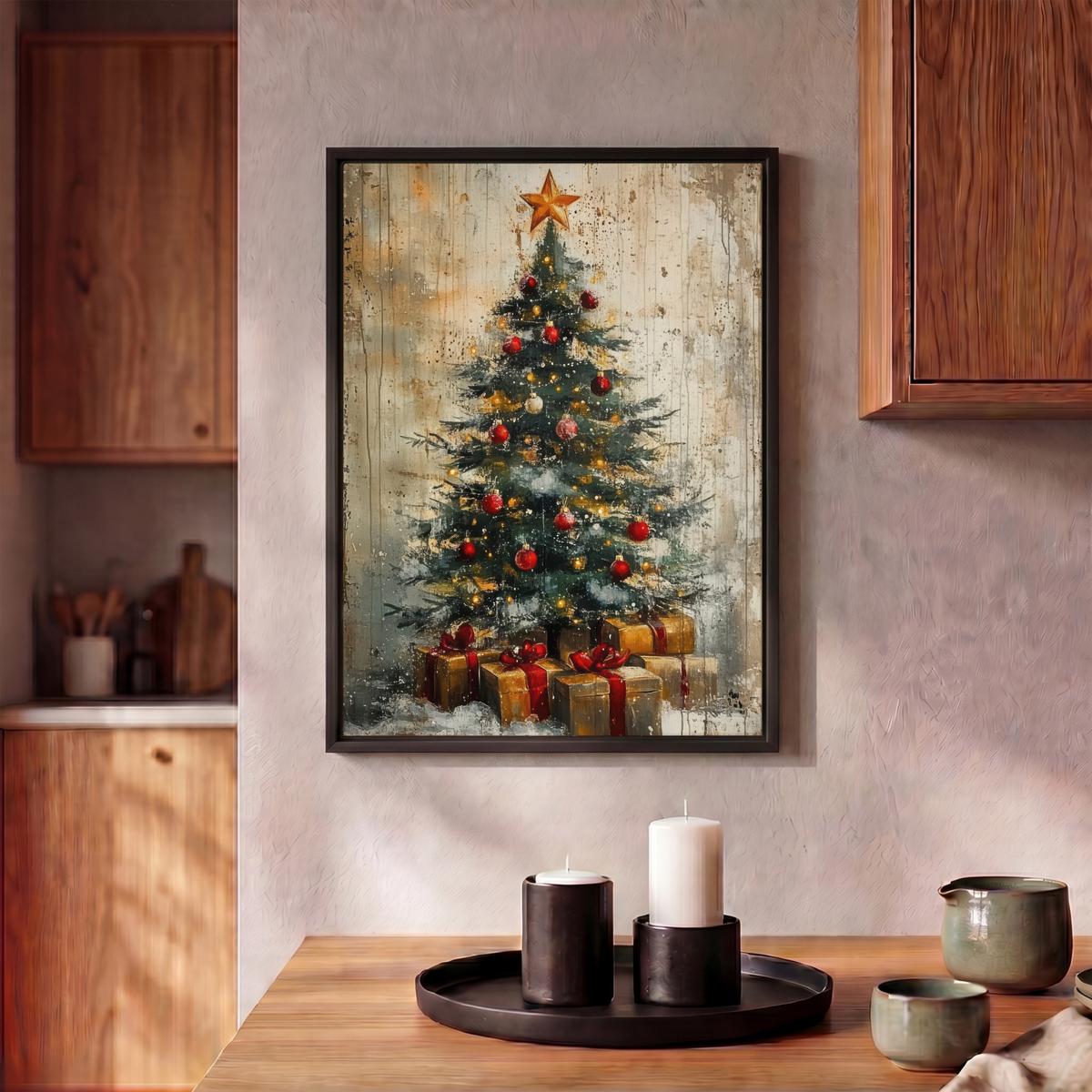 LEINWAND Bilder mit Rahmen - Weihnachtsbaum - Vintage - Weihnachten - Geschenk - 30x40 - Rostfarben, Textil (30/40cm) - MuchoWow
