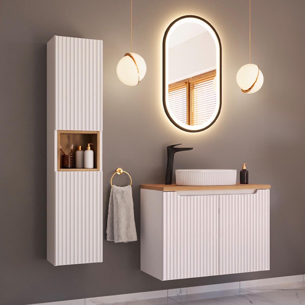 BADMÖBEL 80cm Riva 2er-Set Weiß und Holz - Weiß, Holzwerkstoff (80/57/40cm) - Petits-meubles