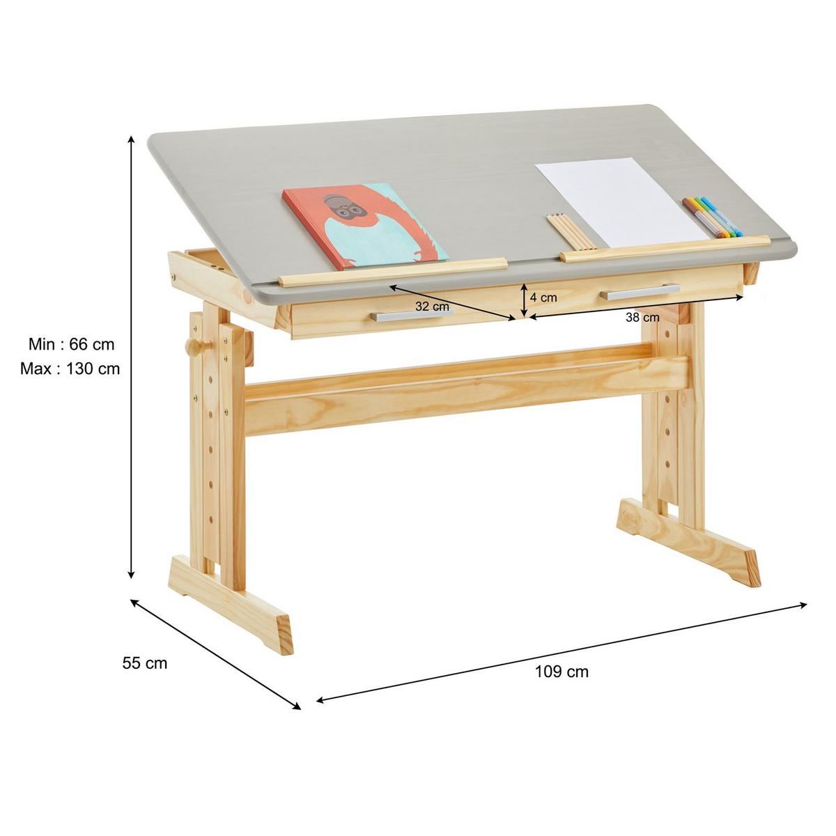 KINDERSCHREIBTISCH OLIVIA - Naturfarben/Grau, Holz (109/130/55cm) - IDIMEX