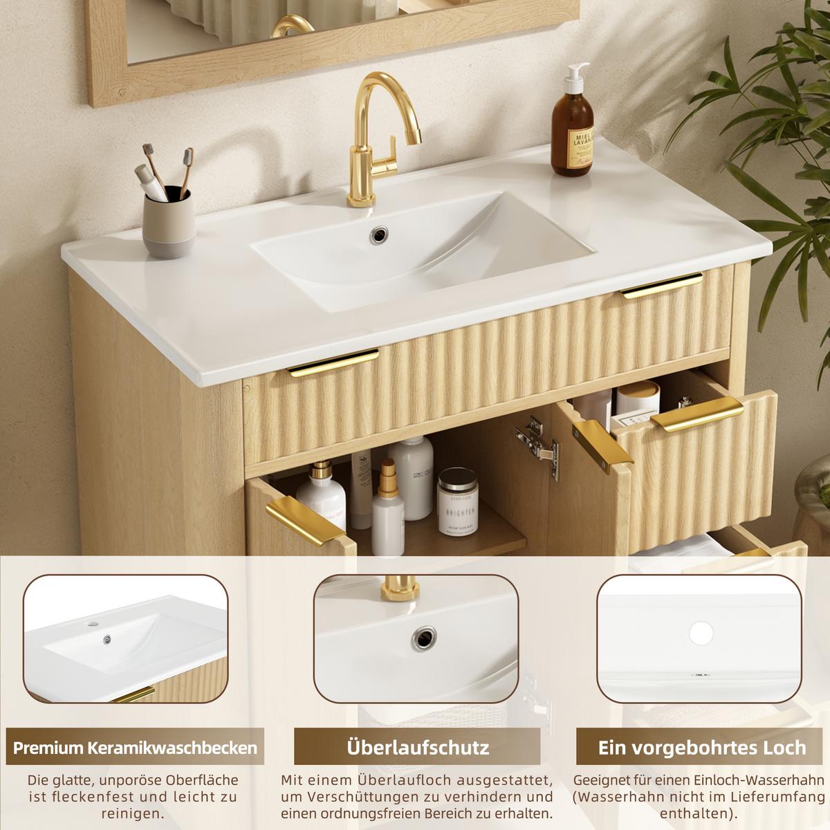 WASCHTISCHUNTERSCHRANK Holzoptik Wellenmuster 3 Schubladen & Doppeltüren - Naturfarben, Holzwerkstoff (81/90/47cm) - Urban Meuble
