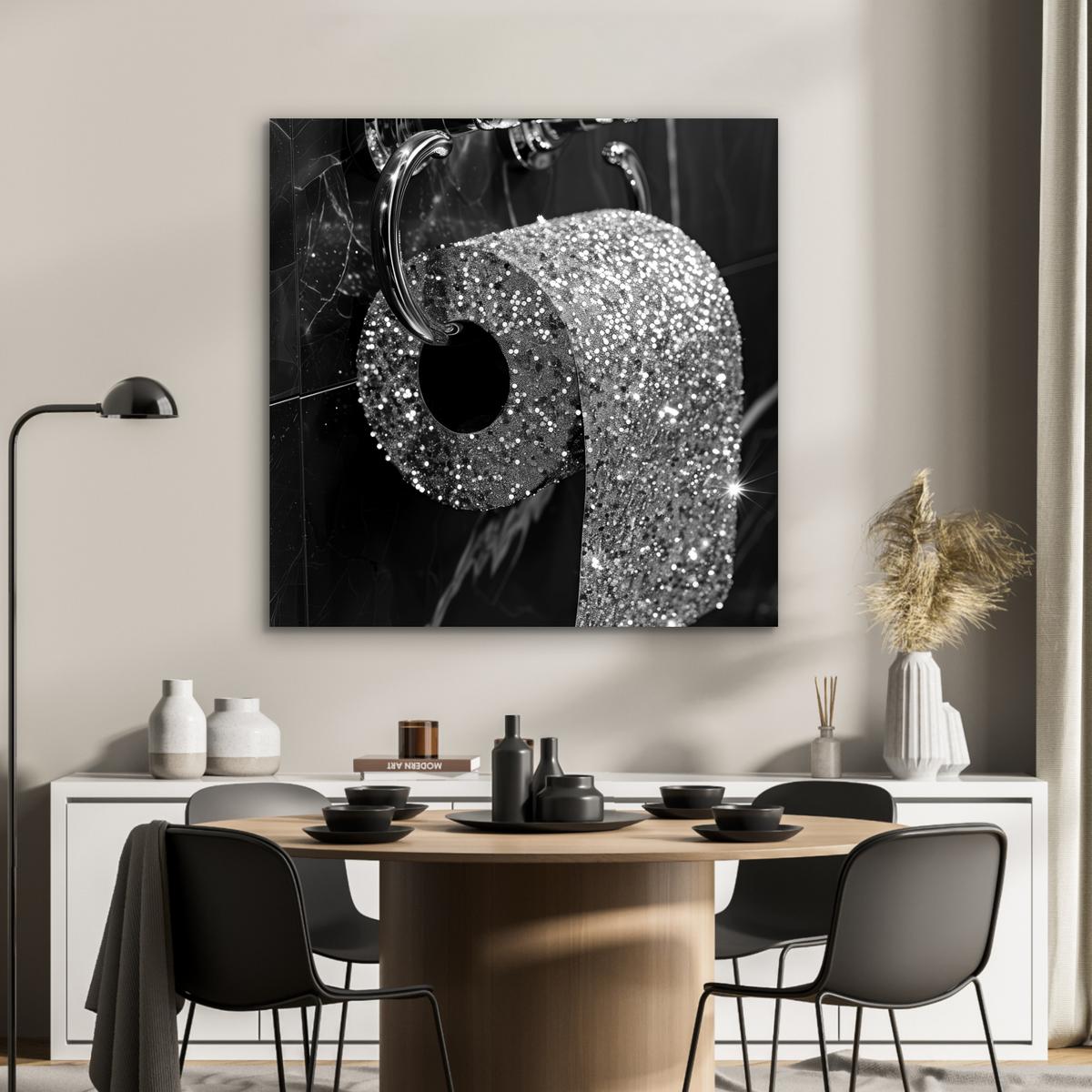 METALLBILD WC - Toilettenpapier - Schwarz und weiß - Glitter 90x90 cm - Silberfarben, Metall (90/90cm) - MuchoWow