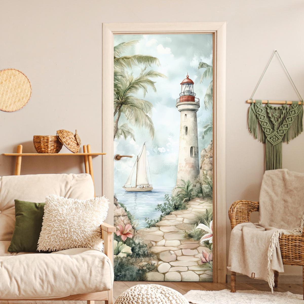 TÜRAUFKLEBER Leuchtturm - Natur - Landschaft - Boot 90x215 cm - Türtapete - Eichefarben, Kunststoff (90/0.1cm) - MuchoWow