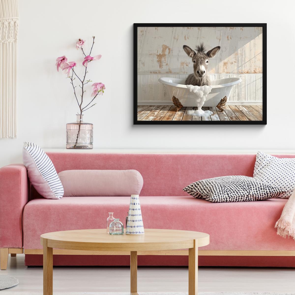 POSTER MIT RAHMENGERAHMTES BILD Esel - Tiere - Badewanne - Schaumstoff 80x60 cm - Weiß, Papier (80/60cm) - MuchoWow