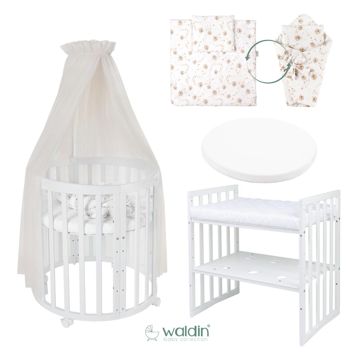 BABYBETT NATUR OVAL 7in1 mit Matratze und Himmelset - Champagner/Naturfarben, Holz/Textil (73/125cm) - waldin