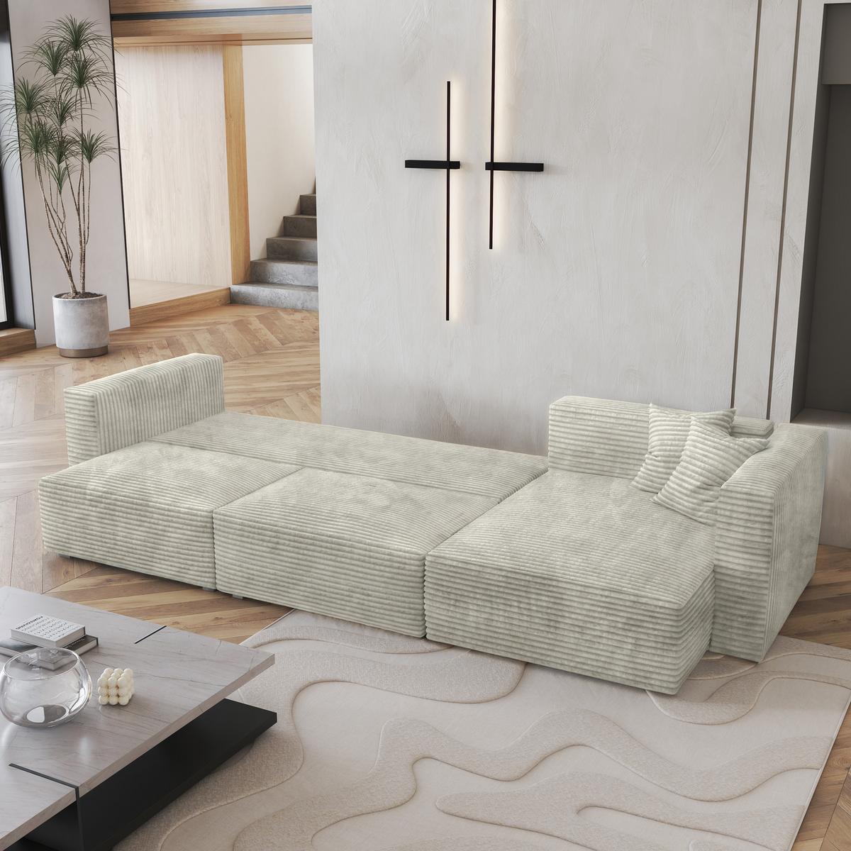 ECKSOFA TOLMO Hellgrau Kordstoff mit Schlaffunktion - Hellgrau/Grau, Holz/Kunststoff (347/148cm) - MASSENO